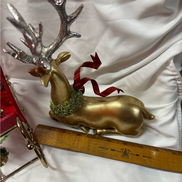 Holiday Red Sleigh with Gold Detailing with 2 reindeer with glittered wreaths - Picture 6 of 10
